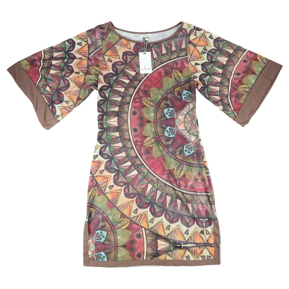 Mismash Carcara Dress Womens Small Brown Boho Mandala Print Bell Sleeve Mini